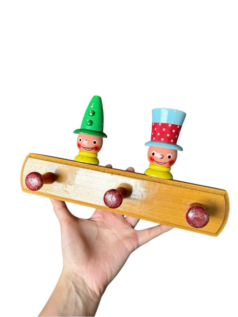 Wooden Kids Wall Hook Rack with Green & Blue Clown Pegs